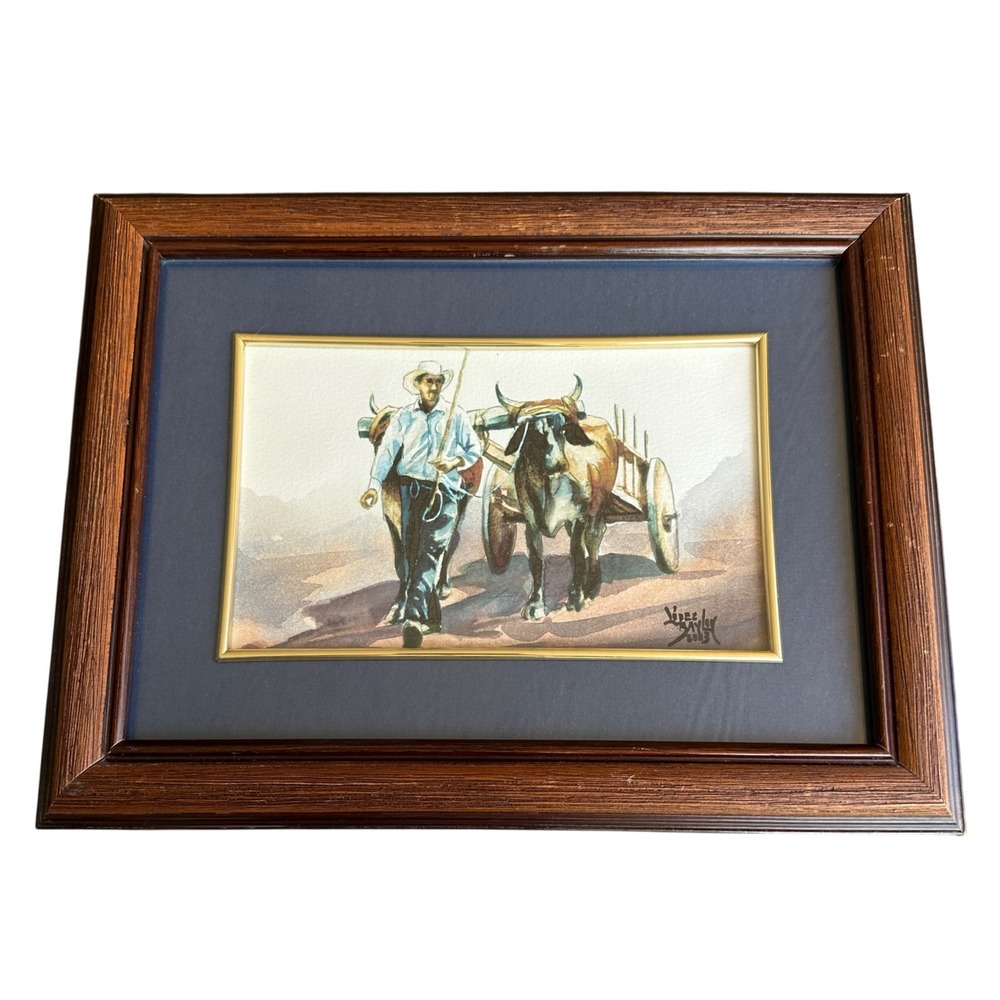 Lopez Baylon 2003 Signed Watercolor Painting Costa Rica Oxen Cart Framed 13x10